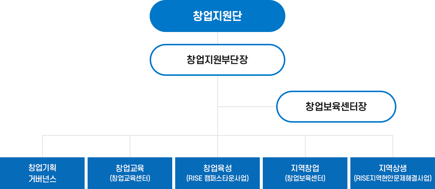 창업지원단 하위에 창업지원부단장, 창업보육센터장 / 창업기획거버넌스, 창업교육(창업교육센터), 창업육성(RISE 캠퍼스타운사업), 지역창업(창업보육센터), 지역상생(RISE지역현안 문제해결사업)